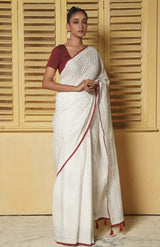 Handwoven Muslin Cotton Saree – Hand Block Printed with Metallic Silver - Retail Maharaj