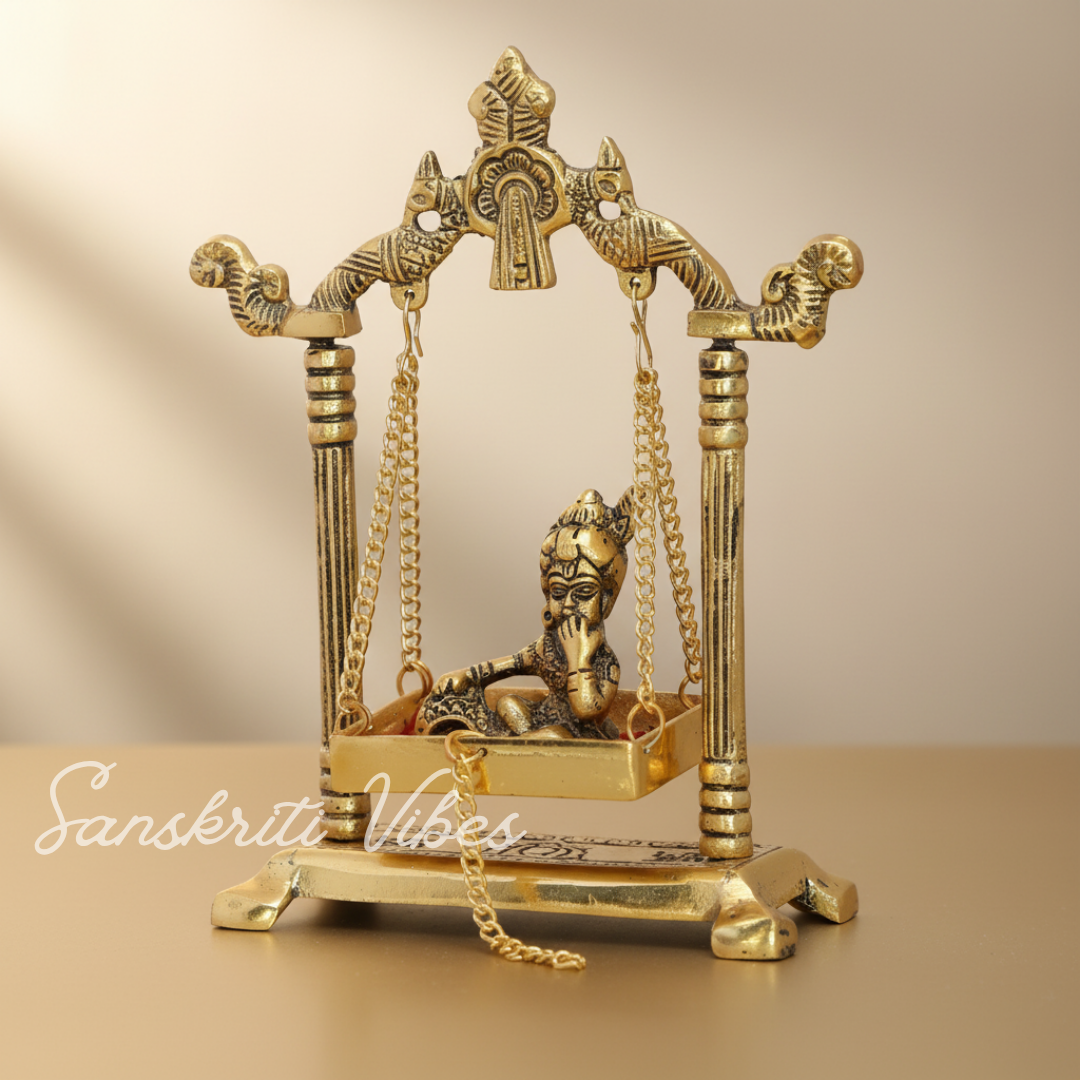 Laddu Gopal Jhula Palana Metal Statue – Gold-Plated Krishna Murti for Home & Office Decor, Religious Gift Idol