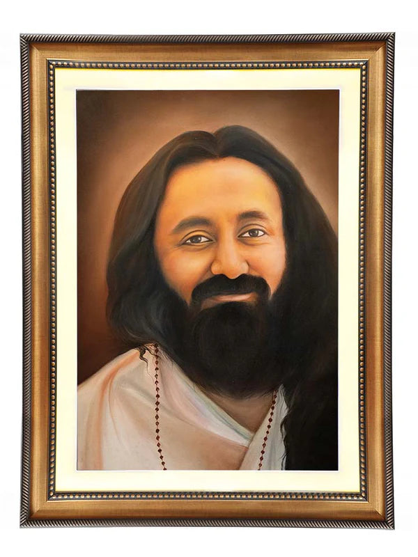 Original Handcrafted Oil Painting of Gurudev – 24 x 36 Inches with Golden Frame