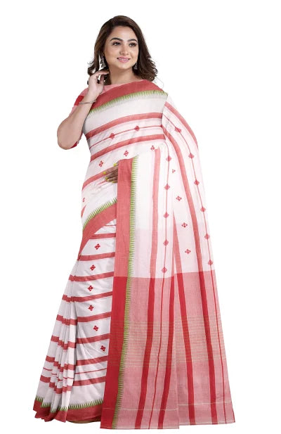 Tangail Mercerized Cotton Saree – White & Red - Retail Maharaj