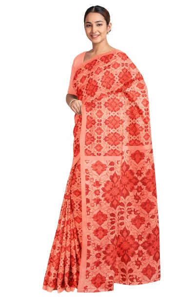 Handwoven Printed Silk Saree – Peach - Retail Maharaj