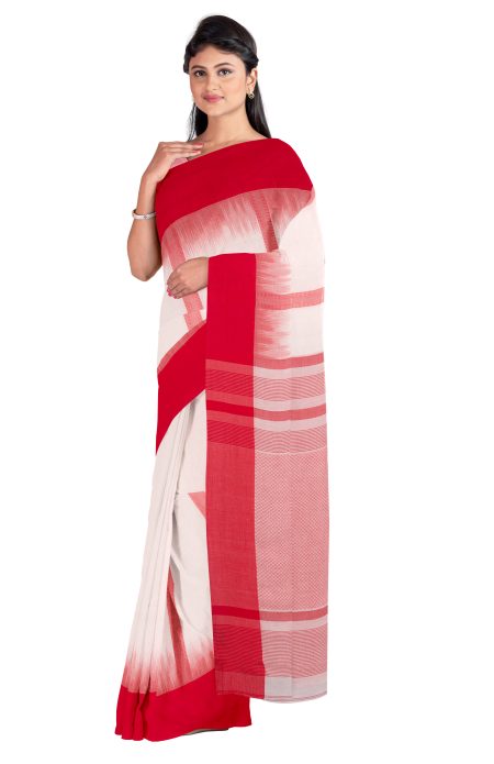 Tangail Cotton Saree – White and Red - Retail Maharaj