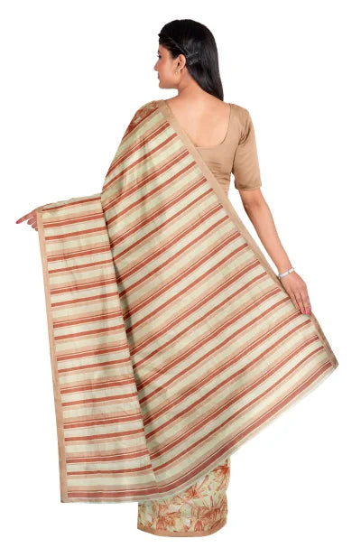 Calcutta Retro – Handwoven Printed Silk Saree – Beige - Retail Maharaj
