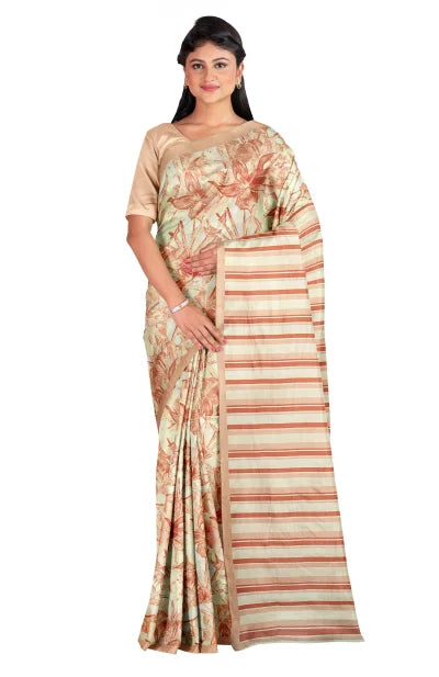Calcutta Retro – Handwoven Printed Silk Saree – Beige - Retail Maharaj