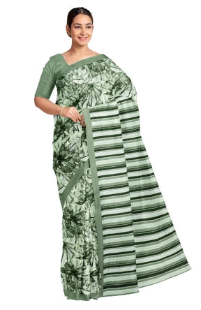 Calcutta Retro – Handwoven Olive Printed Silk Saree - Retail Maharaj