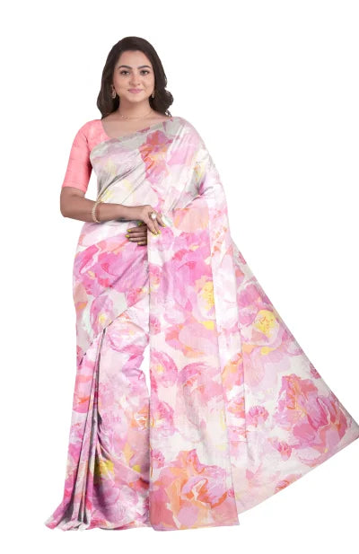 Handwoven Printed Cotton Saree – Pink & White - Retail Maharaj