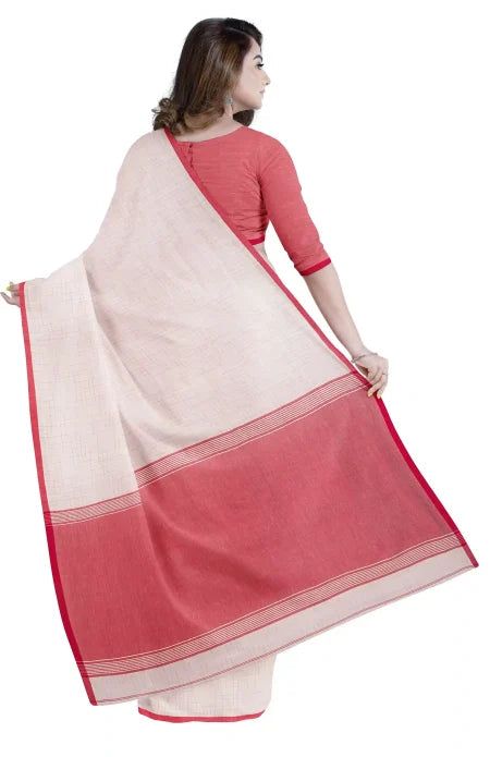 White and Red Tangail Handspun Cotton Saree - Retail Maharaj