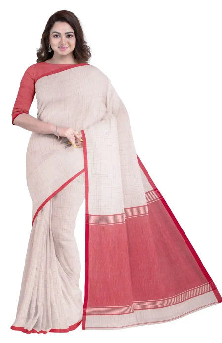White and Red Tangail Handspun Cotton Saree - Retail Maharaj