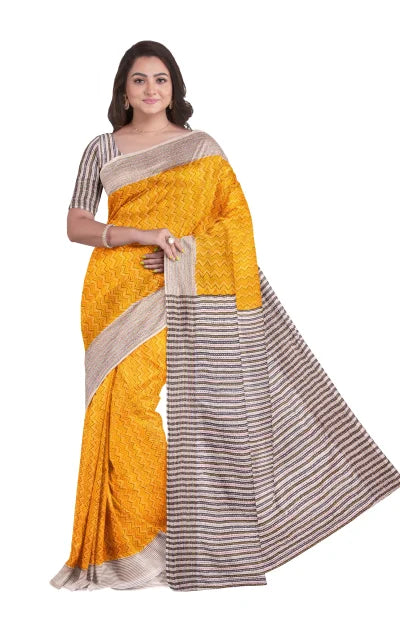 Handcrafted Kantha Silk Jalchuri Saree – Yellow - Retail Maharaj
