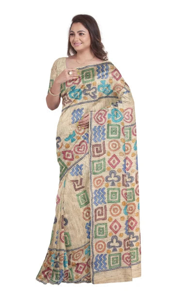 Handcrafted Kantha Tussar Silk Saree – Multi Colour