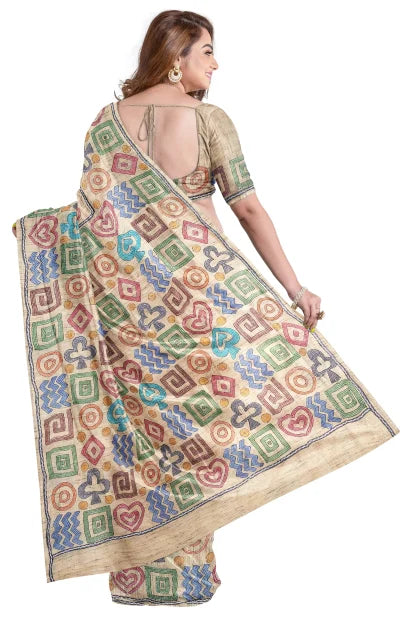 Handcrafted Kantha Tussar Silk Saree – Multi Colour