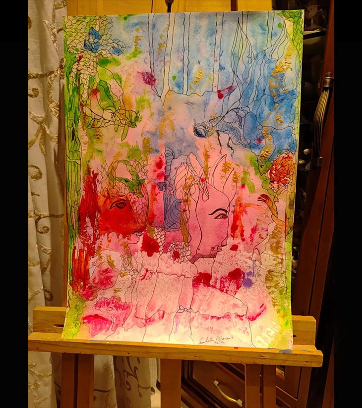 “Different World” – Abstract Portrait Acrylic on Paper by Samhita Bhowmik | Dreamlike Fusion of Nature and Emotion