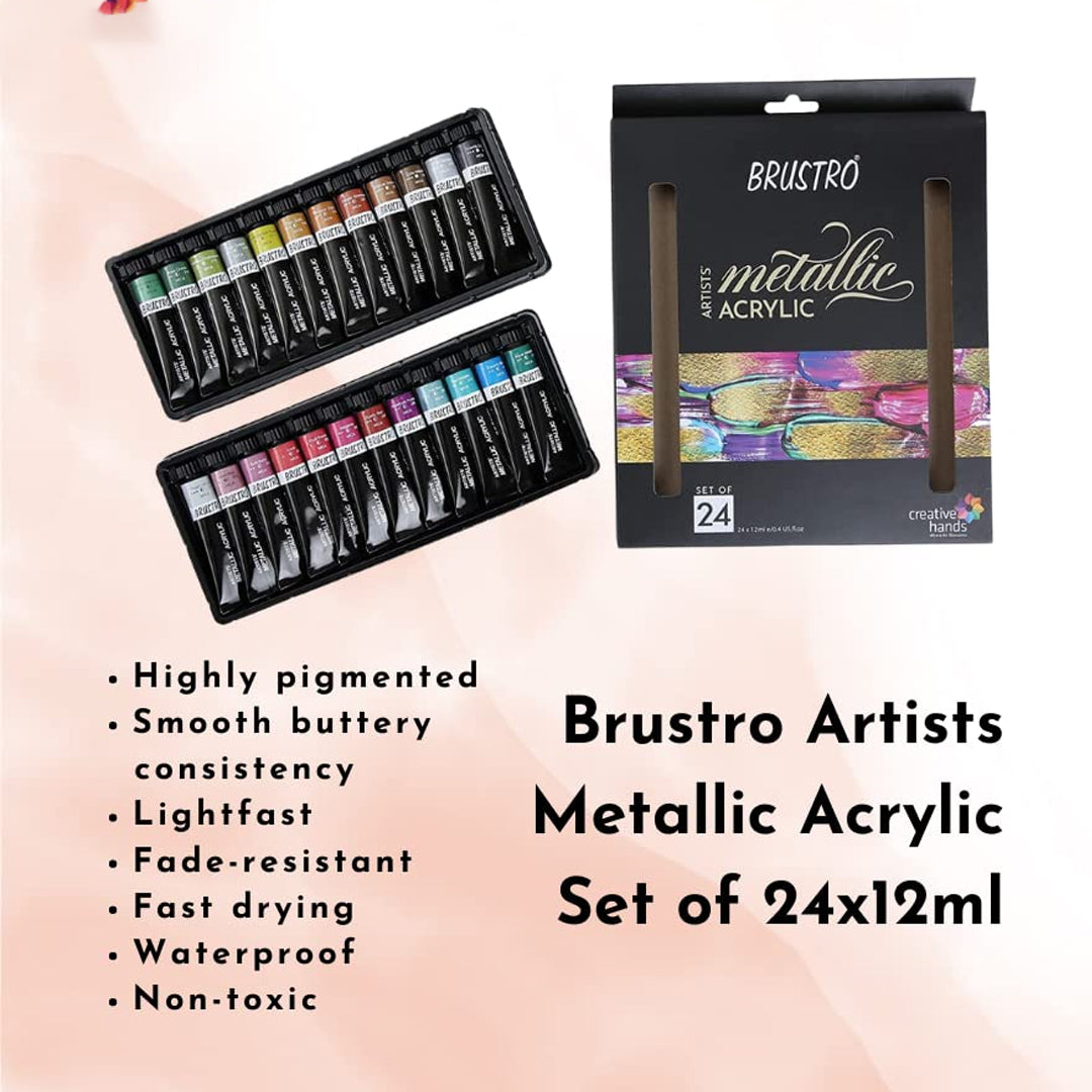 Brustro Artists Metallic Acrylic Colour Set Premium 24 Shades 12ml Tubes