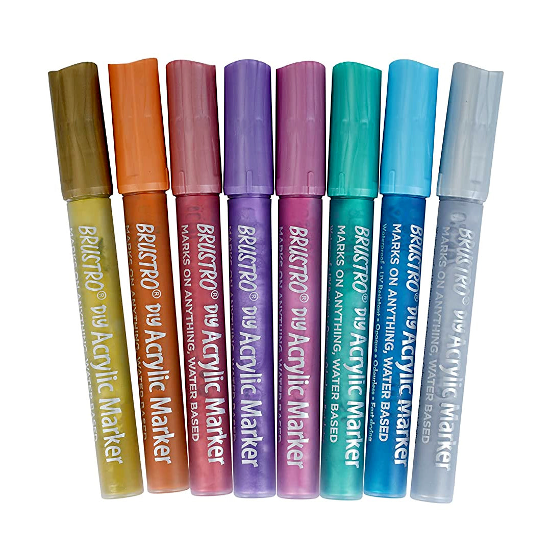 Brustro Acrylic DIY Marker Set of 8 Metallic Shades with 2mm Bullet Tip for Art Craft and Multi Surface Use