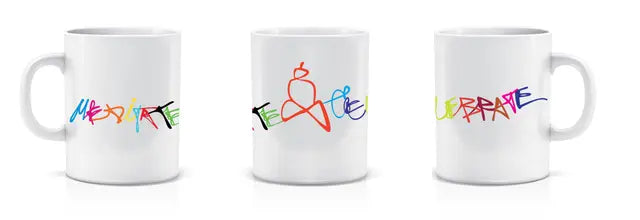 Ceramic Printed Coffee Mug Meditatecelebrate (White Backround Multi-colour words) - Retail Maharaj