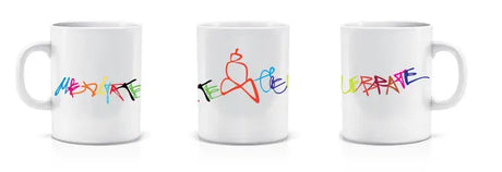 Ceramic Printed Coffee Mug Meditatecelebrate (White Backround Multi-colour words) - Retail Maharaj