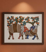 Authentic Gond Painting – Elephants Under a Tree Tribal Art (11 × 15 Inch)