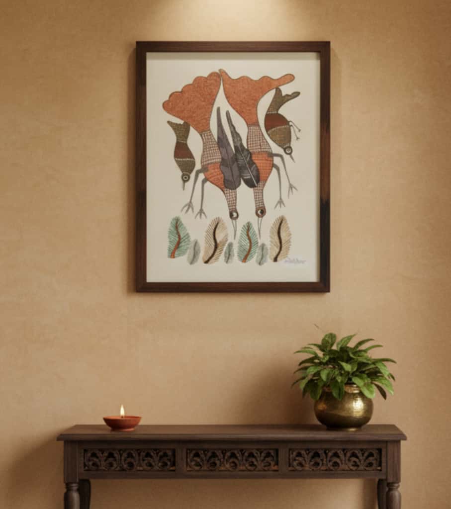 Authentic Gond Painting – Group of Forest Birds Feeding Tribal Art (11 × 15 Inch)
