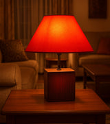 Handcrafted Wooden Table Lamp with Red Fabric Shade – Ambient Décor Accent - Retail Maharaj