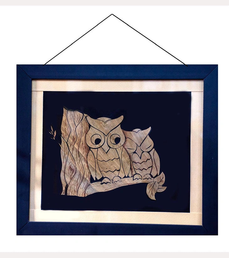 Rustic Owl Wall Art – Framed Nature Elegance | Handcrafted Kachuripana Fiber Art - Retail Maharaj