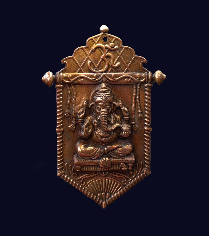Antique Brass Lord Ganesha Wall Plaque with Om | Handcrafted Spiritual Décor for Pooja Room, Entryway & Home Sanctuaries - Retail Maharaj