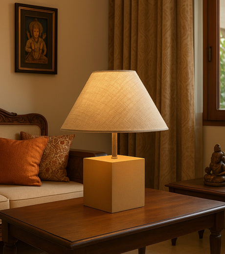 Handcrafted Minimalist Lamp with Handwoven Cotton Shade and Wooden Base – Ambient Lighting for Bedroom or Study - Retail Maharaj