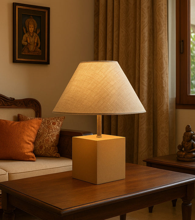 Handcrafted Minimalist Lamp with Handwoven Cotton Shade and Wooden Base – Ambient Lighting for Bedroom or Study - Retail Maharaj