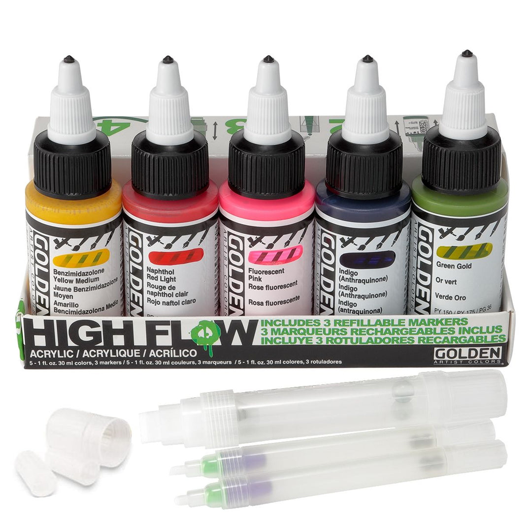 Golden High Flow Acrylic Marker Set of 5 Professional Refillable Artist Marker Set