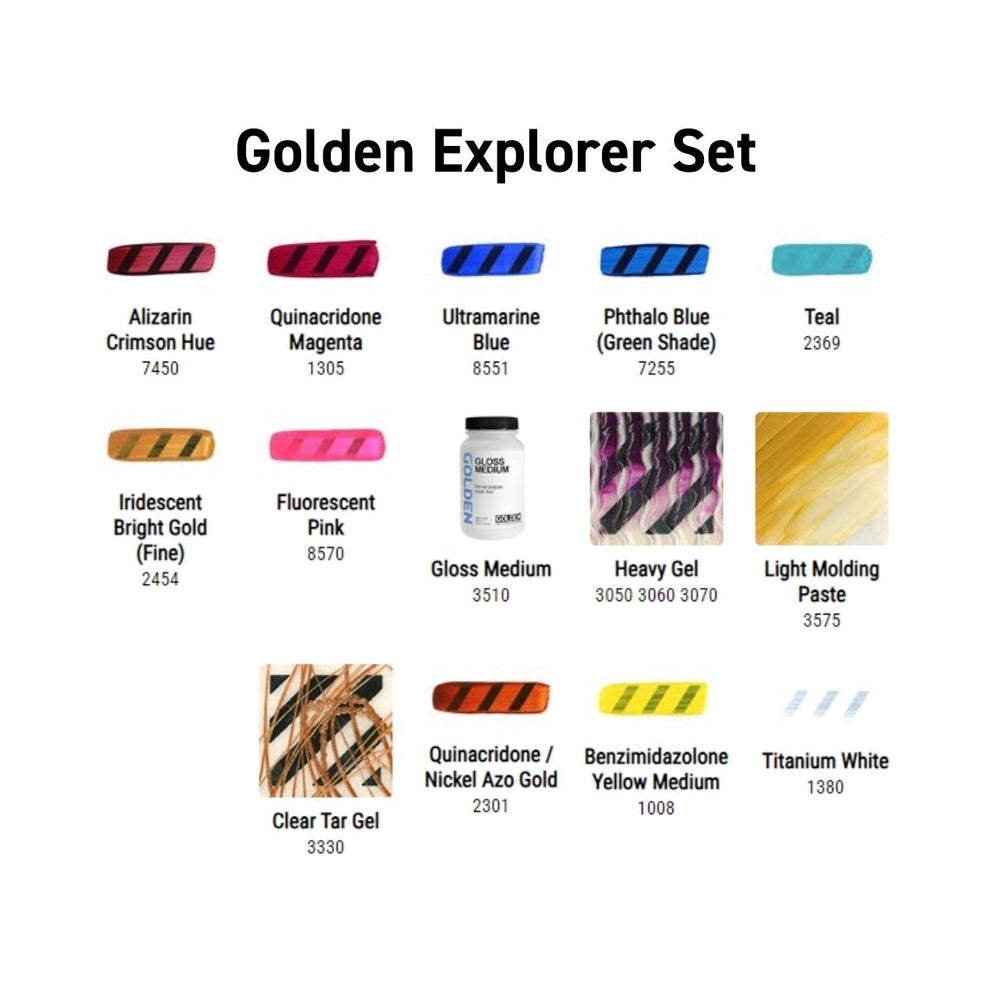Golden Acrylic Explorer 14 Set with Heavy Body Fluid OPEN and High Flow Colors