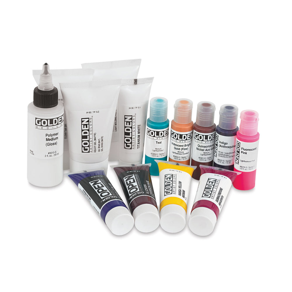 Golden Acrylic Explorer 14 Set with Heavy Body Fluid OPEN and High Flow Colors