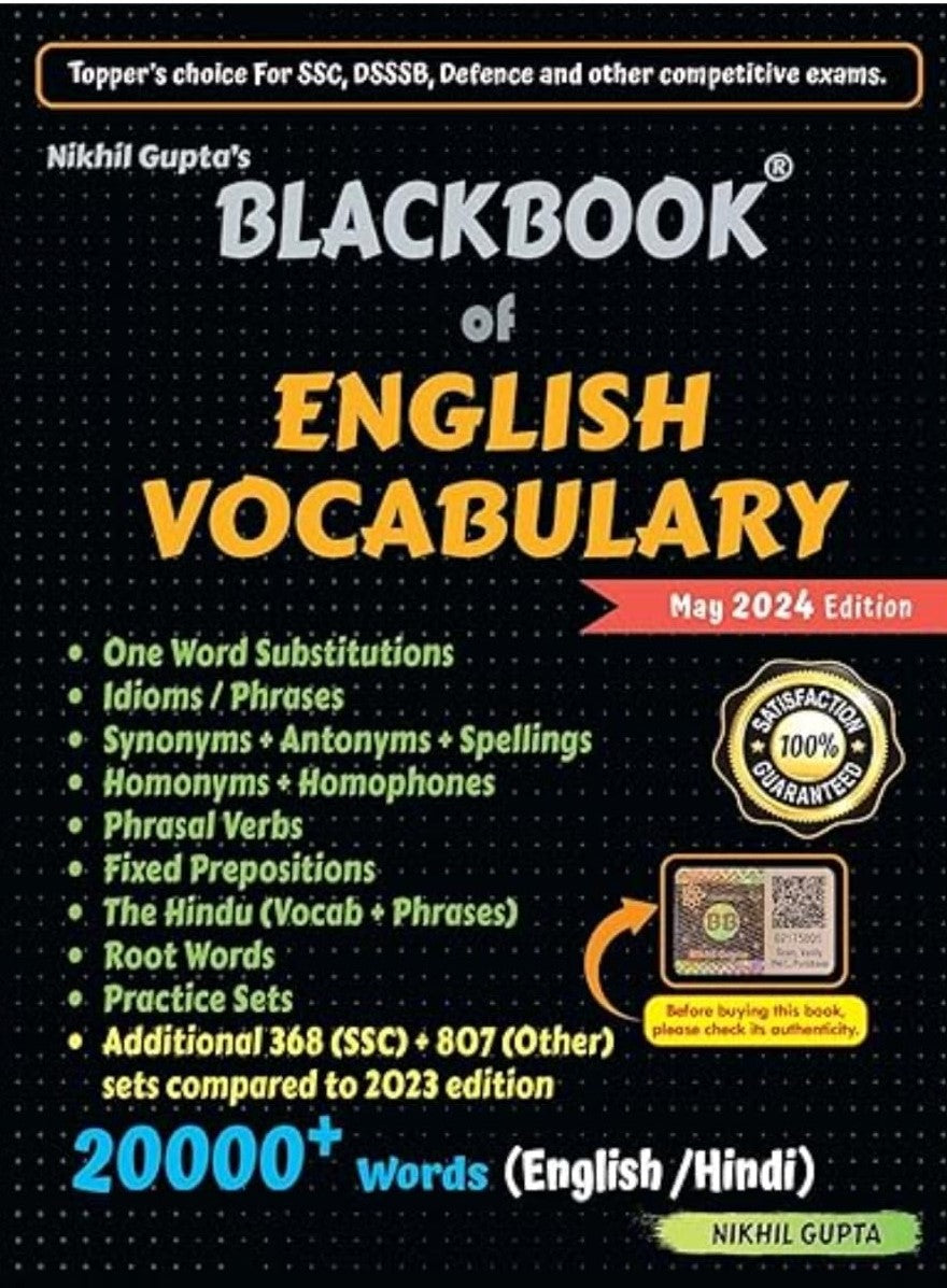Topper's Choice Original BLACKBOOK of English Vocabulary by Nikhil Gupta – SSC, DSSSB, Defence, and Competitive Exams (2024 Edition) – One Word Substitutions, Idioms, Synonyms, Antonyms, Phrasal Verbs, & More – 20000+ Words (English/Hindi)