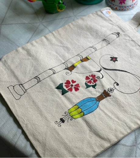 Hand-Painted Tote Bag by Innocent Hand - Eco-Friendly Cotton, Feathered Design, Youthful Art - Retail Maharaj