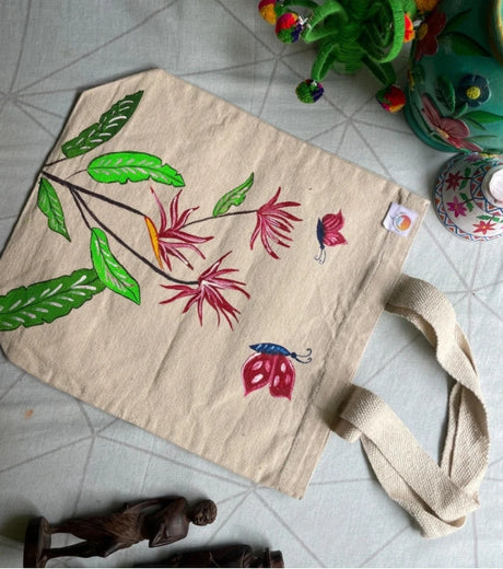 Hand-Painted Tote Bag by Innocent Hand - Eco-Friendly Cotton, Feathered Design, Youthful Art - Retail Maharaj