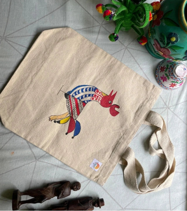 Hand-Painted Tote Bag by Innocent Hand - Eco-Friendly Cotton, Feathered Design, Youthful Art - Retail Maharaj