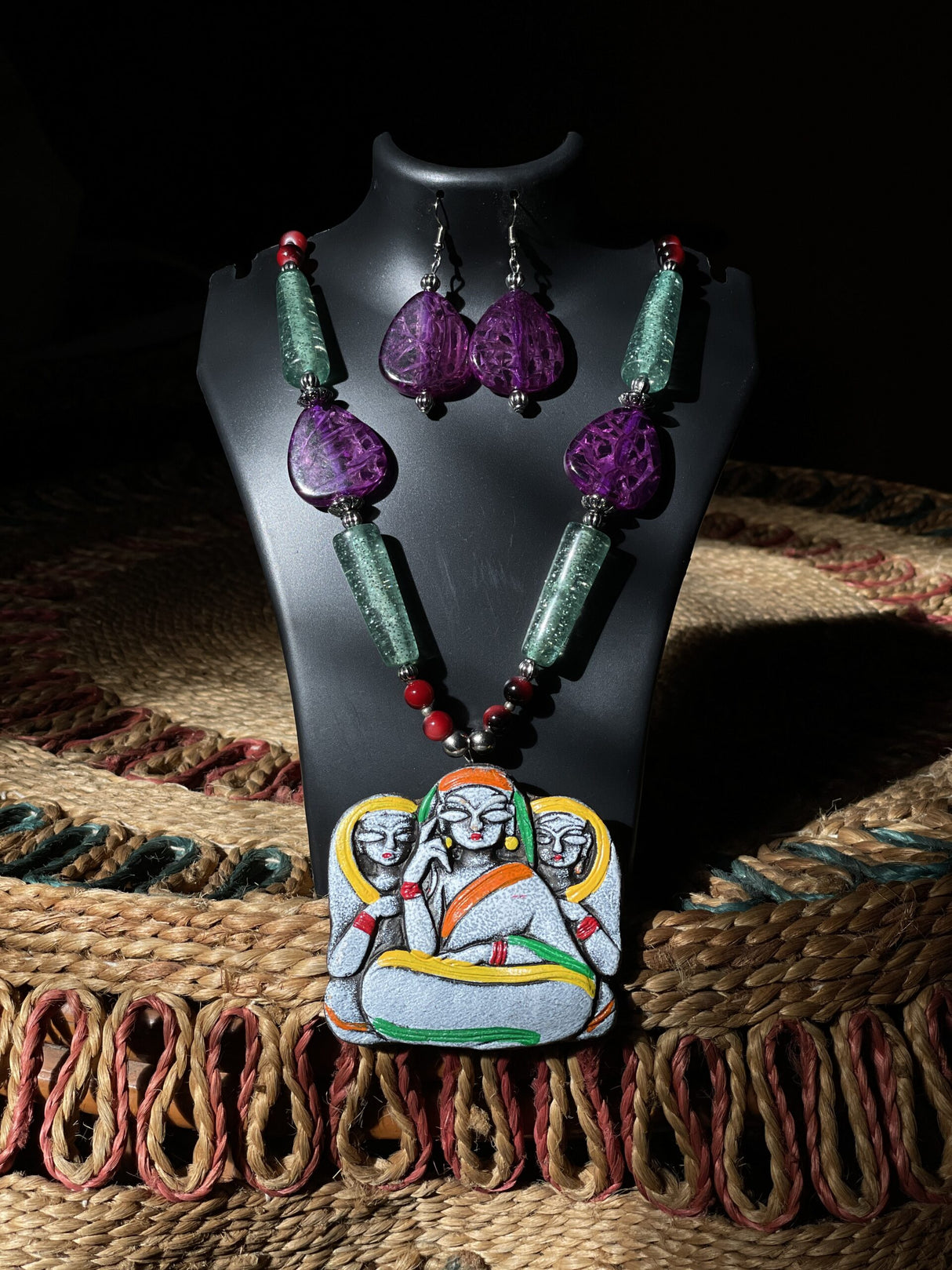 Tribal Sisters Statement Set – Hand-Painted Clay Pendant Necklace & Matching Earrings