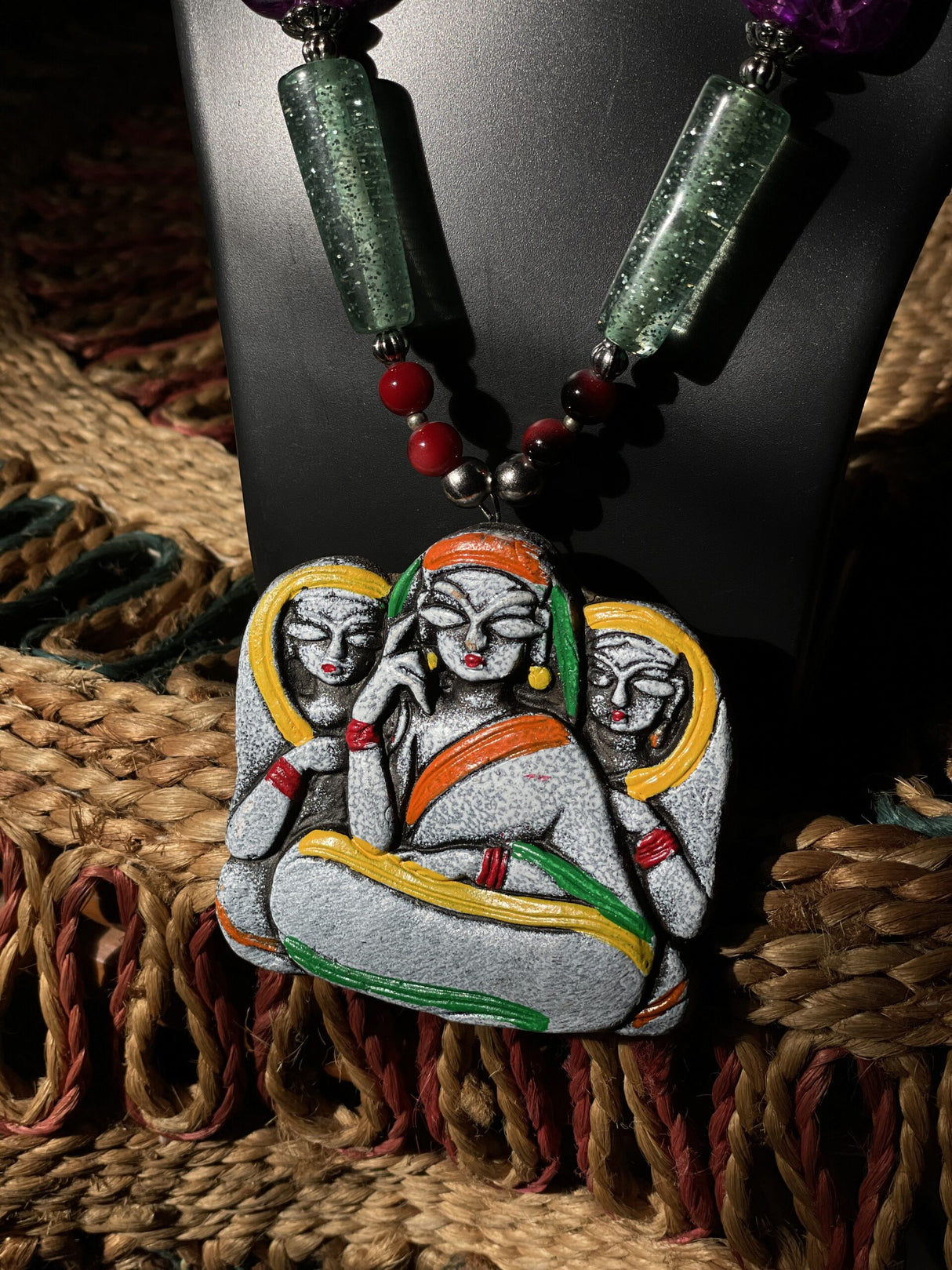 Tribal Sisters Statement Set – Hand-Painted Clay Pendant Necklace & Matching Earrings