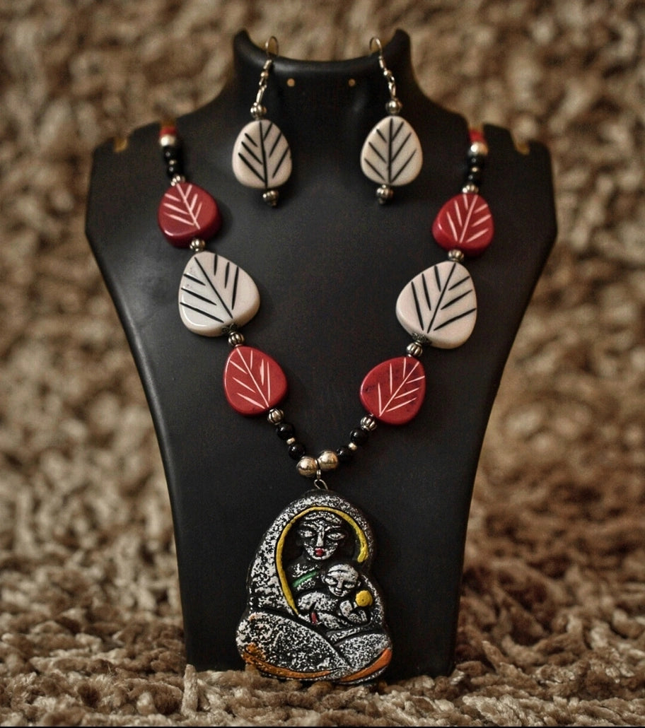 Mother’s Embrace Tribal Necklace Set - Handcrafted Terracotta Pendant with Red and Ivory Ceramic Beads