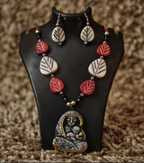 Mother’s Embrace Tribal Necklace Set - Handcrafted Terracotta Pendant with Red and Ivory Ceramic Beads