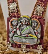 Madhurya Tribal Art Necklace Set - Hand-painted Tribal Locket with Maroon Handloom Fabric