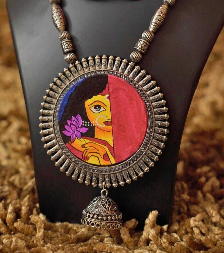 Shy Goddess Fusion Necklace – Hand-Painted Goddess Face with Lotus & Oxidized Silver Beads