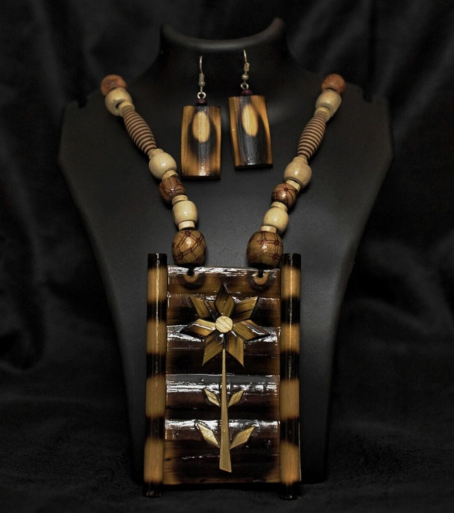 Rustic Floral Bamboo Necklace Set – Earthy Elegance | Handcrafted Eco-Friendly Tribal Jewelry