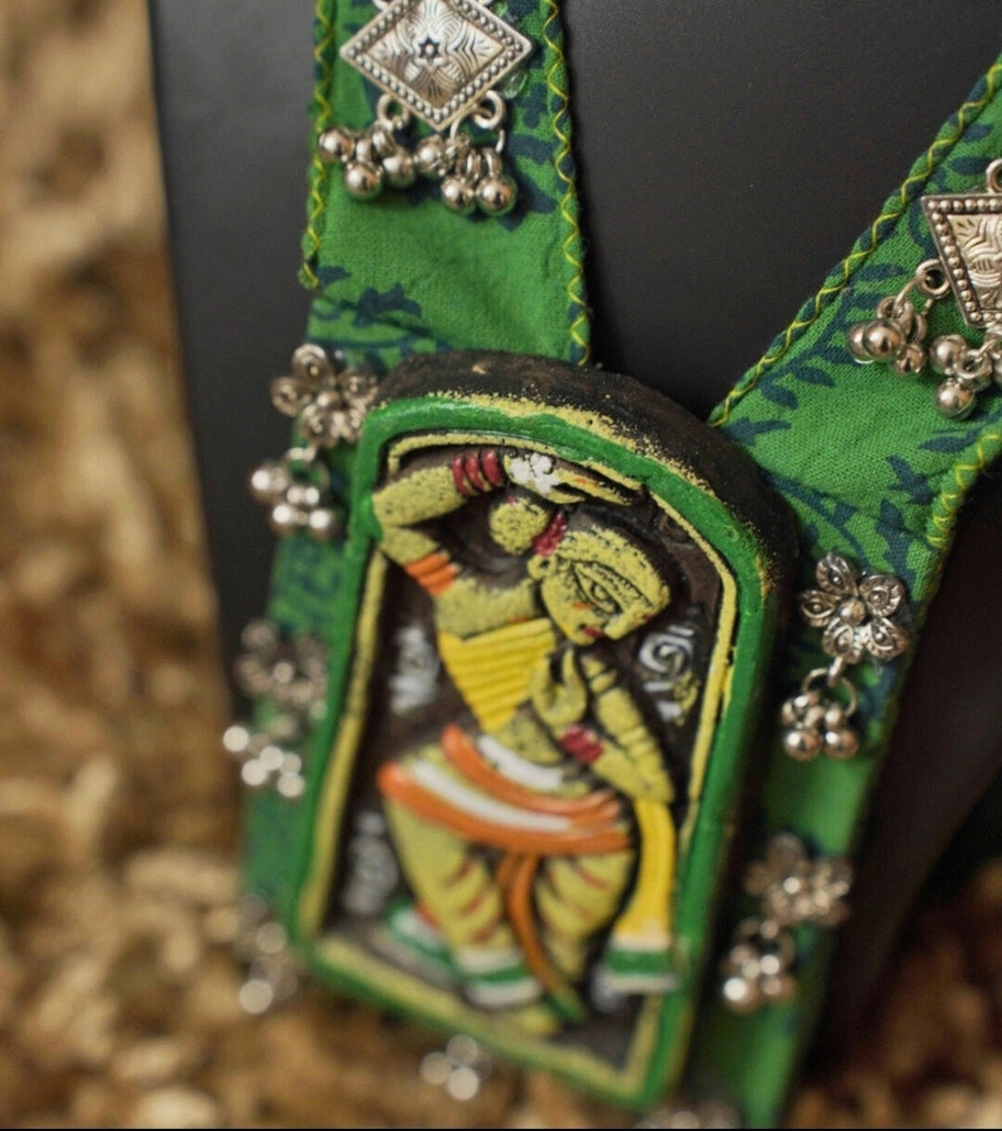 Nritya Kala Handpainted Green Fabric Necklace Set - Classical Indian Dancer Pendant with Oxidized Charms