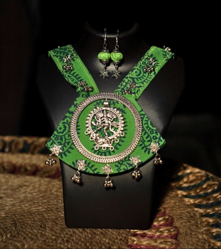 Divine Tandava Tribal Necklace Set – Nataraja Pendant with Ghungroo Bells & Hand-Printed Cotton Fabric for Ethnic & Fusion Styles