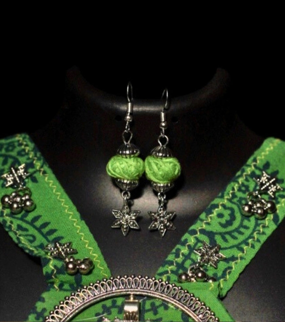 Divine Tandava Tribal Necklace Set – Nataraja Pendant with Ghungroo Bells & Hand-Printed Cotton Fabric for Ethnic & Fusion Styles
