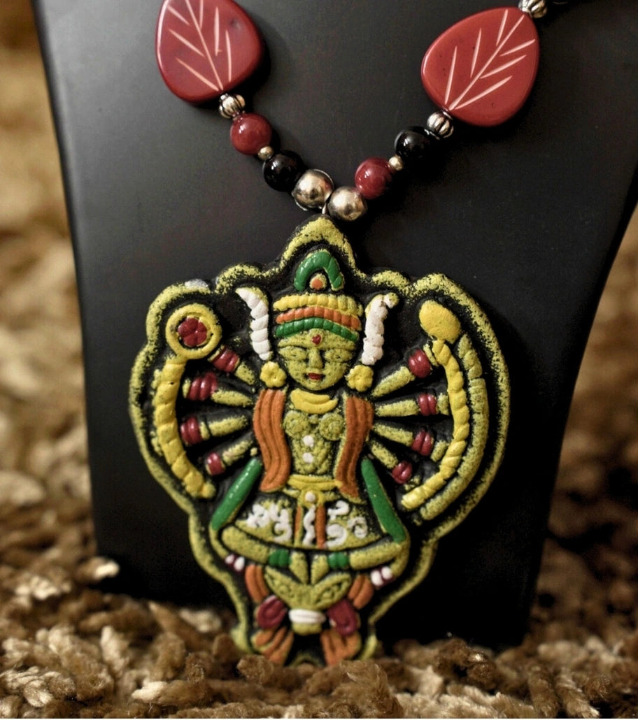 Nritya Devata Tribal Art Necklace Set - Hand-Painted Tribal Deity Locket with Red Leaf and Yellow Beads