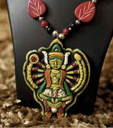 Nritya Devata Tribal Art Necklace Set - Hand-Painted Tribal Deity Locket with Red Leaf and Yellow Beads