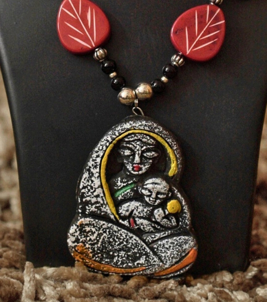 Mother’s Embrace Tribal Necklace Set - Handcrafted Terracotta Pendant with Red and Ivory Ceramic Beads