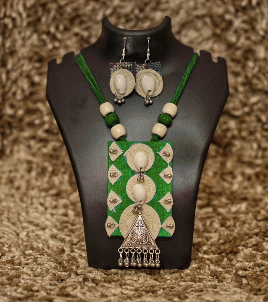 Tribal Essence Jute Cowrie Necklace Set | Handcrafted Eco-Friendly Necklace with Cowrie Shells & Oxidized Metal Pendant