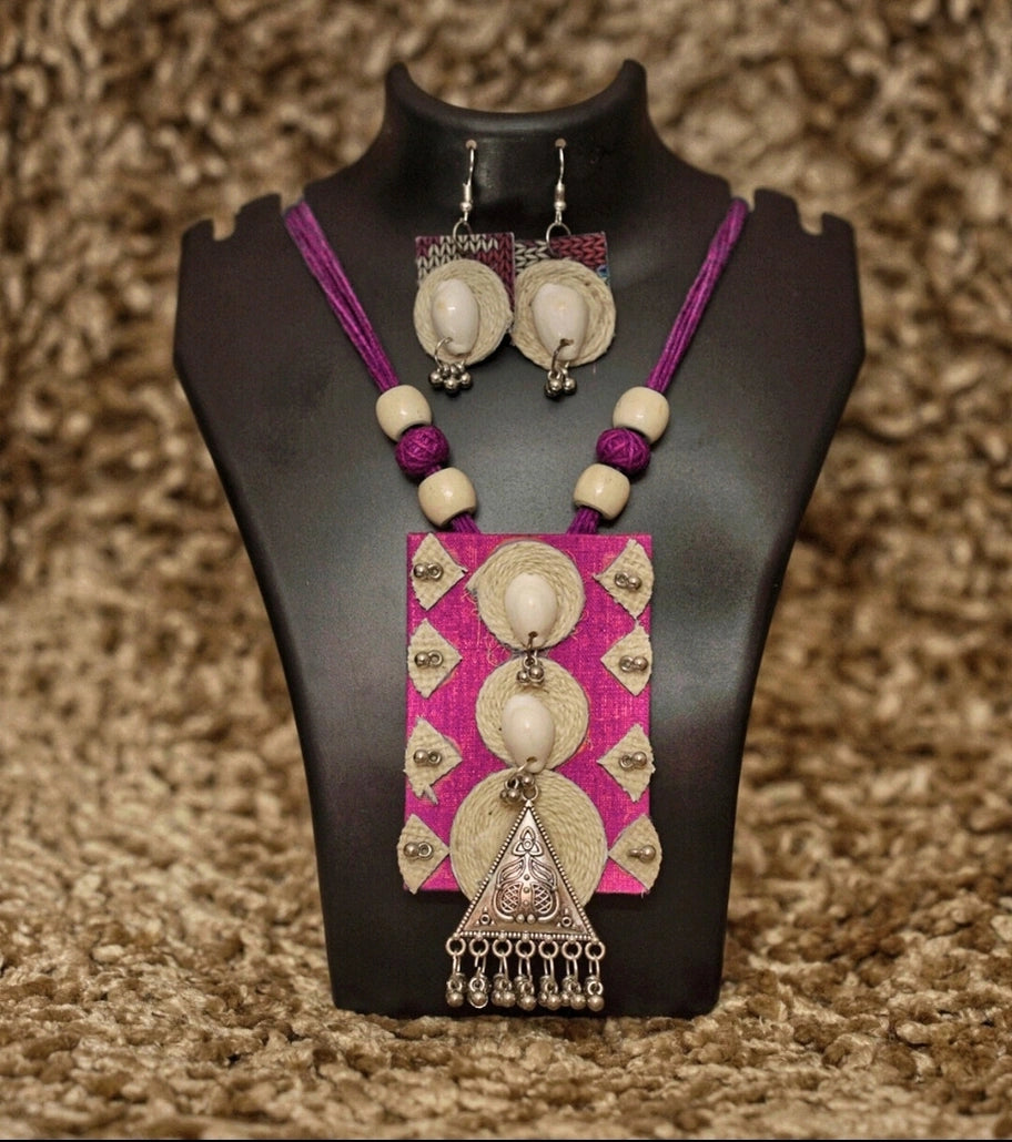Tribal Essence Jute Cowrie Necklace Set – Magenta Edition | Handcrafted Tribal Necklace with Cowrie Shells & Oxidized Metal Pendant
