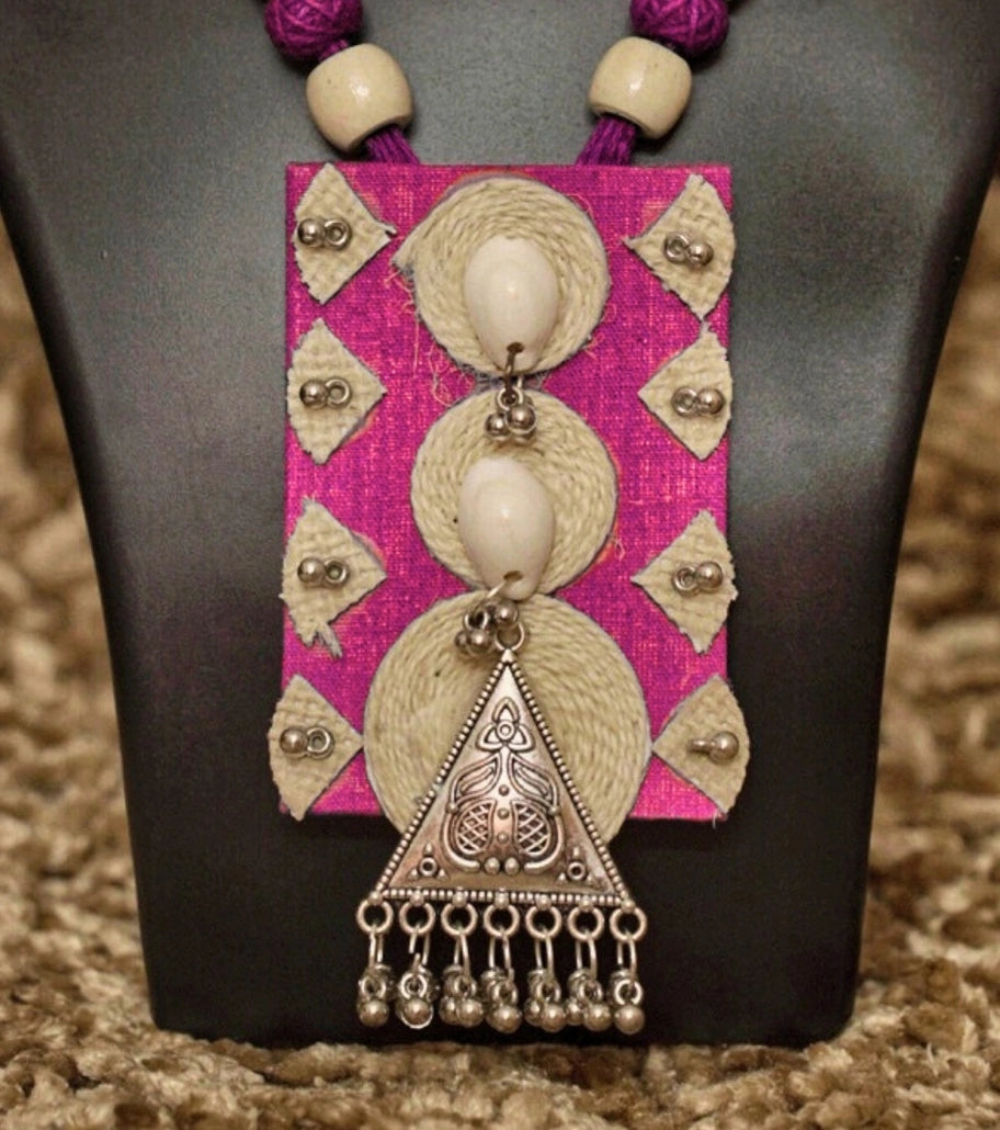 Tribal Essence Jute Cowrie Necklace Set – Magenta Edition | Handcrafted Tribal Necklace with Cowrie Shells & Oxidized Metal Pendant